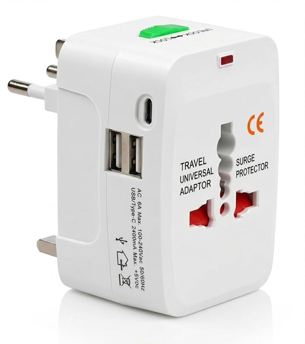Universal Travel Adapter with USB-C & Dual USB, International Travel Adapter, Worldwide Plug Adapter, All-in-One Power Adapter, Surge Protector