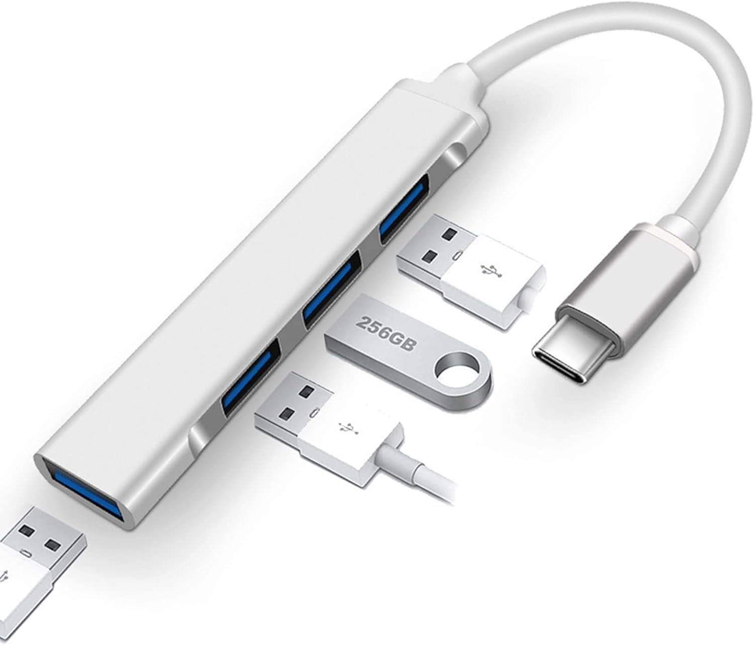 4 in 1 Portable USB 3.0 Hub (Type-C to 4 USB-A Ports) with Aluminum Shell, USB Port Hub 3.0 for PC, Tablet, MacBook, Laptop - Silver