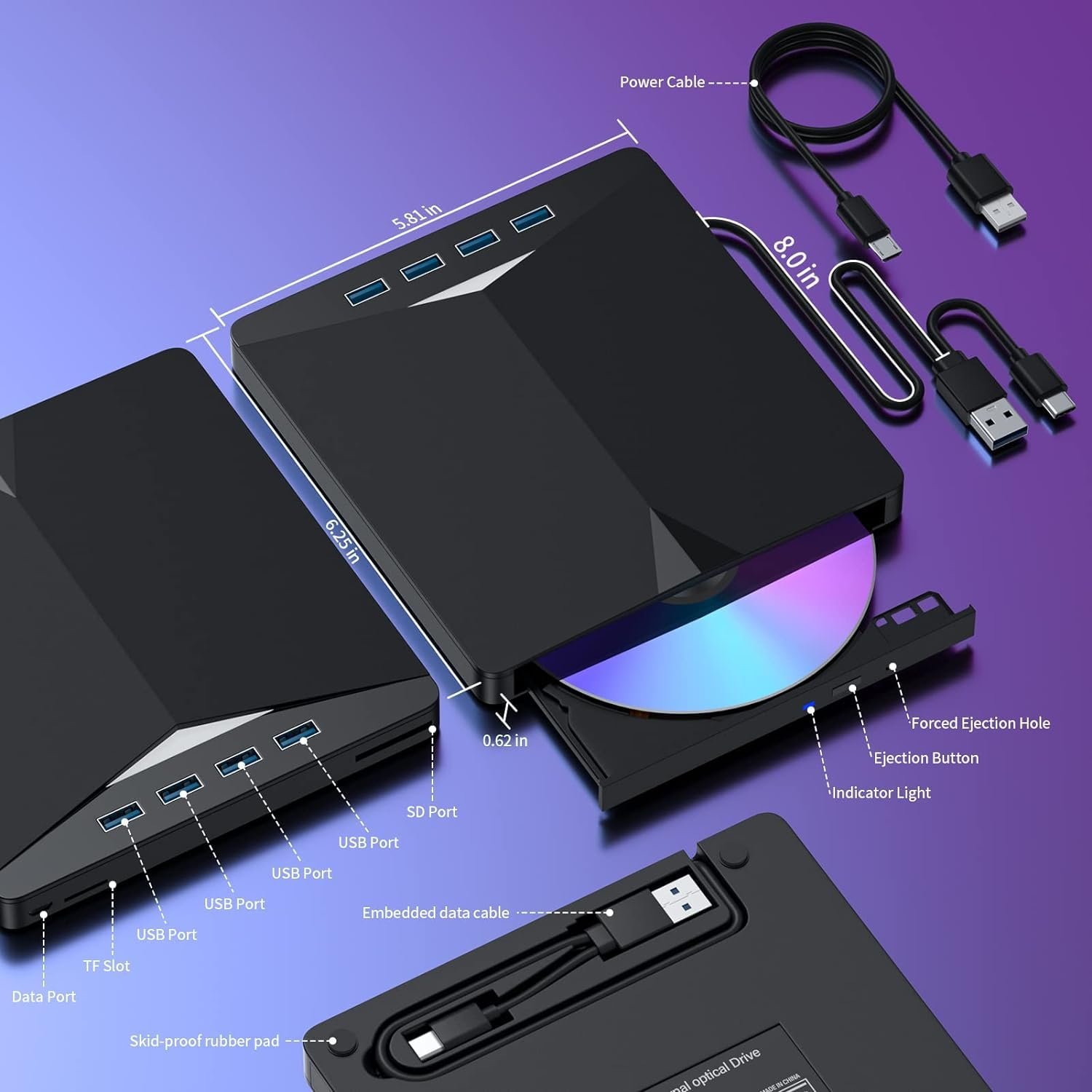 RuhZa 7 in1 External CD DVD Drive with 4 USB Ports and TF/SD Card Slots,USB 3.0 Portable CD/DVD Disk Drive Player Burner Reader Writer for Laptop MakBuk Desktop PC Windows 11/10/8/7 Linux Mak OS - Image 7