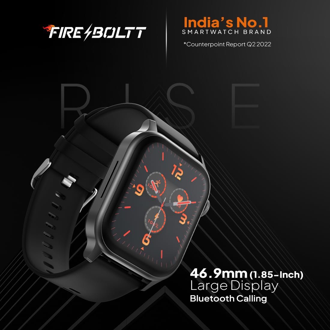 Fire‑Boltt Rise Smart Watch 1.85″ HD Display with Bluetooth Calling, AI Voice Assistant, Rotating Crown,SpO2 & Heart Rate Monitor, 120+ Sports Modes,IP67 Waterproof Smart Watch for Men & Women - Black - Image 2