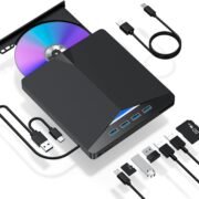 RuhZa 7 in1 External CD DVD Drive with 4 USB Ports and TF/SD Card Slots,USB 3.0 Portable CD/DVD Disk Drive Player Burner Reader Writer for Laptop MakBuk Desktop PC Windows 11/10/8/7 Linux Mak OS