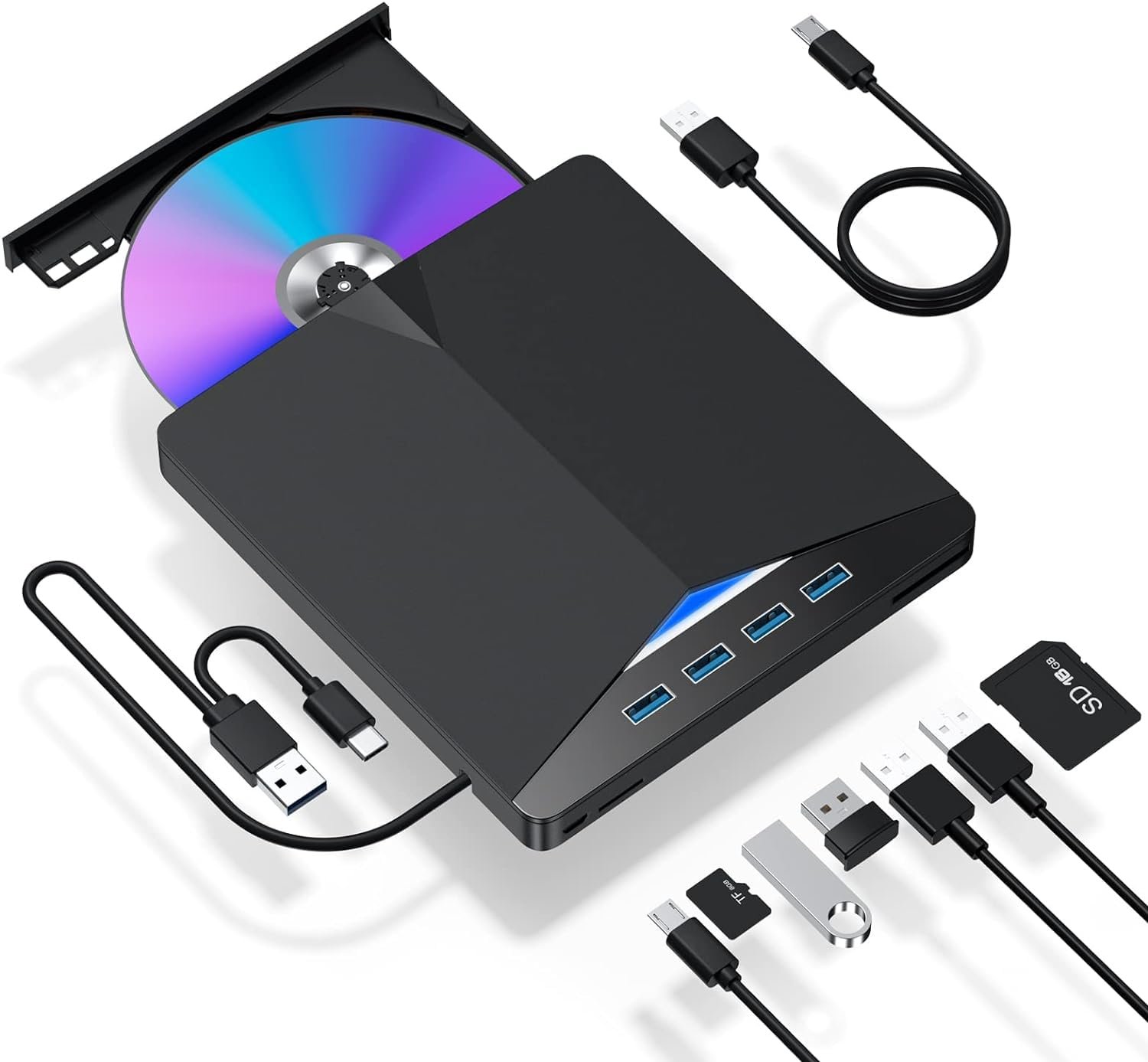 RuhZa 7 in1 External CD DVD Drive with 4 USB Ports and TF/SD Card Slots,USB 3.0 Portable CD/DVD Disk Drive Player Burner Reader Writer for Laptop MakBuk Desktop PC Windows 11/10/8/7 Linux Mak OS