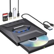External CD DVD Drive CD/DVD-ROM Burner Player with USB 3.0/2.0/ USB-C/SD Card Reader, Portable CD/DVD ROM +/-RW Optical Disc Drive for Laptop PC Mac Windows 11/10/8/7 Linux Computer