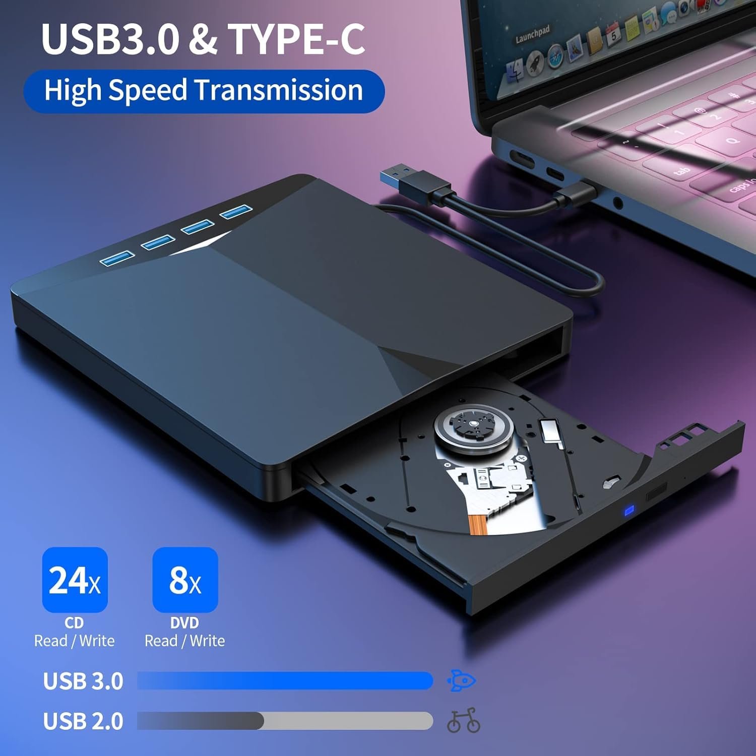 RuhZa 7 in1 External CD DVD Drive with 4 USB Ports and TF/SD Card Slots,USB 3.0 Portable CD/DVD Disk Drive Player Burner Reader Writer for Laptop MakBuk Desktop PC Windows 11/10/8/7 Linux Mak OS - Image 4