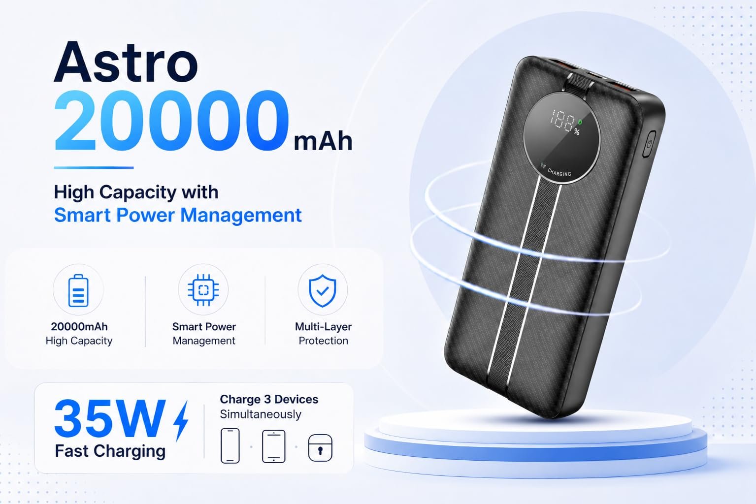 Astro 20000mAh 35W PD Fast Charging Power Bank, Type-C Input & Output, Dual Output with Digital Display, Portable Laptop & Mobile Charger for iPhone, Android, Tablets & MacBook, Black - Image 2