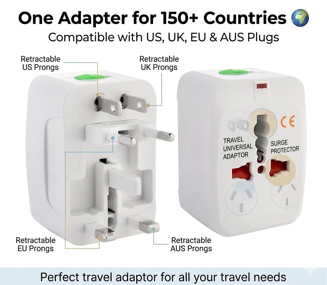 Universal Travel Adapter with USB-C & Dual USB, International Travel Adapter, Worldwide Plug Adapter, All-in-One Power Adapter, Surge Protector - Image 2