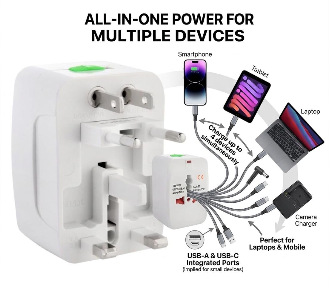 Universal Travel Adapter with USB-C & Dual USB, International Travel Adapter, Worldwide Plug Adapter, All-in-One Power Adapter, Surge Protector - Image 4