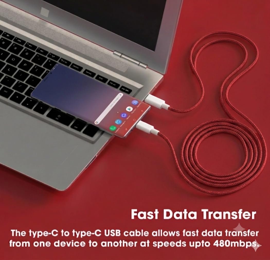 2-METER USB to Type C Fast Charging Cable, Red, 60W, 2 Meter, compatible with iPhone, iPad, iPod, Android, Long Cable, - Image 2