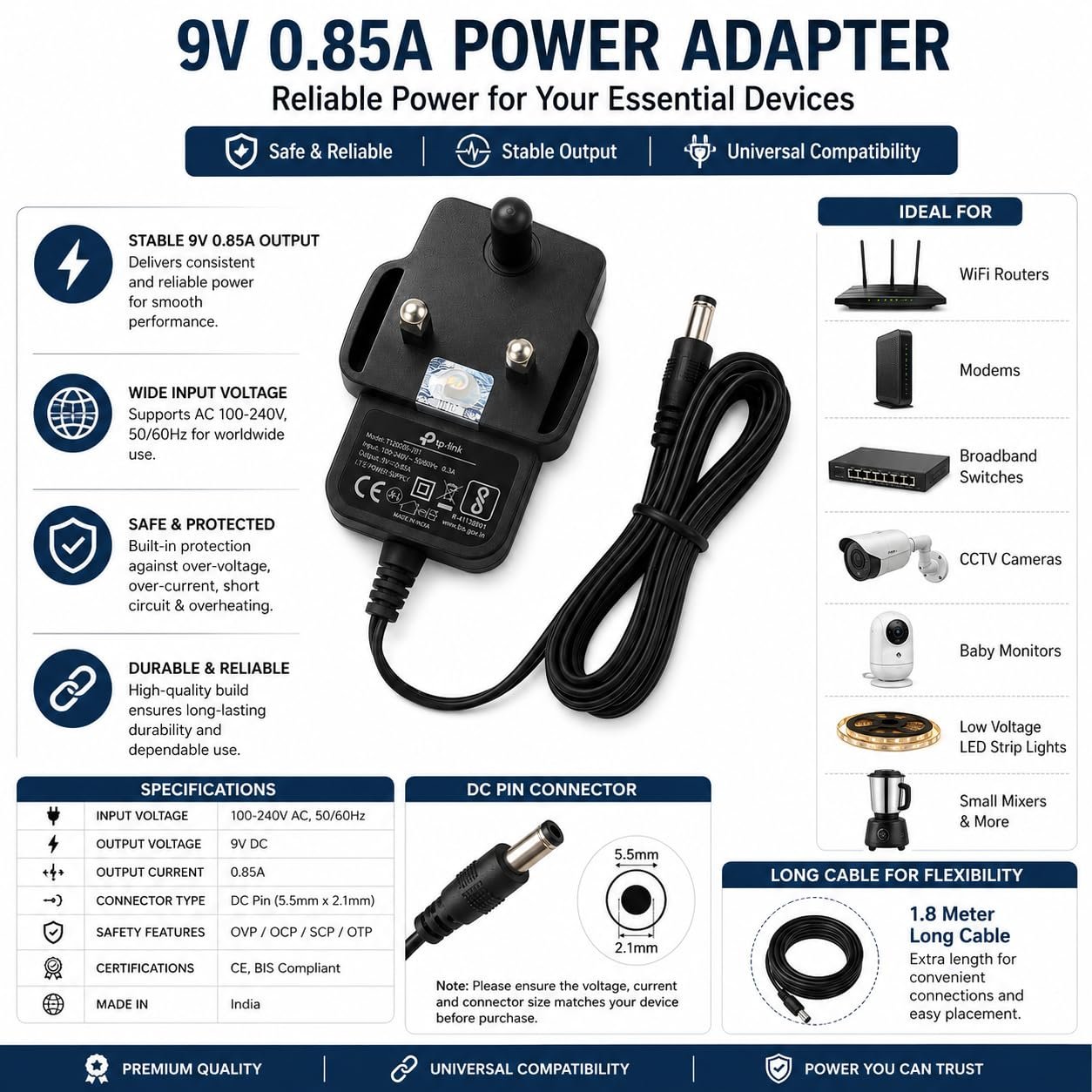 9V 0.85A AC DC Power Adapter Charger with DC Pin | Input 100-240V AC | Suitable for WiFi Routers, Modems, Broadband Switches, CCTV Cameras, Baby Monitors, LED Strip Lights & More - Image 5