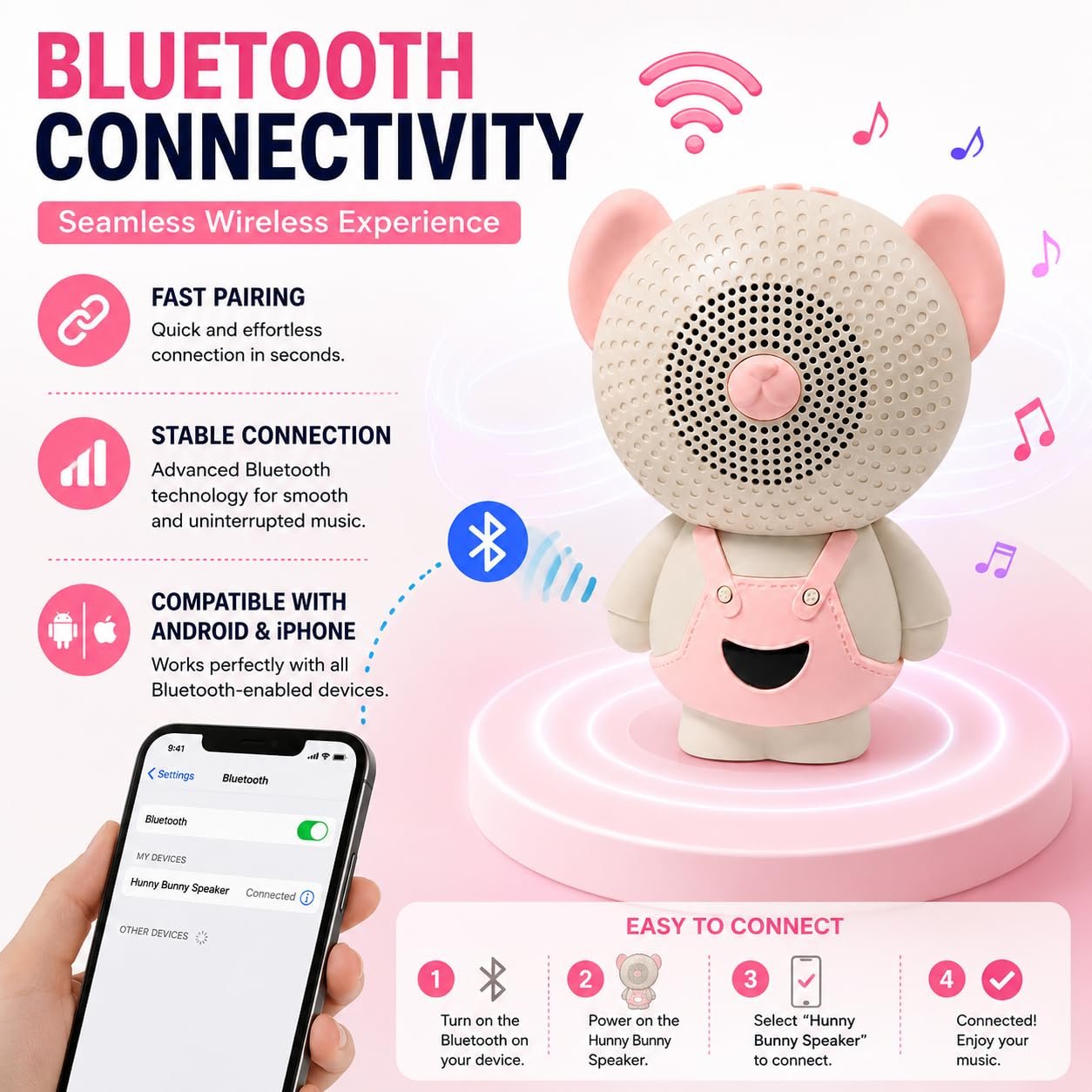 AAYAT SMYKKER Hunny Bunny Wireless Bluetooth Portable Speaker | Cartoon Mini Speaker with 1200mAh Battery, TWS Function, TF Card Support, Type-C Charging, Up to 6 Hours Playtime, freestandin - Image 6