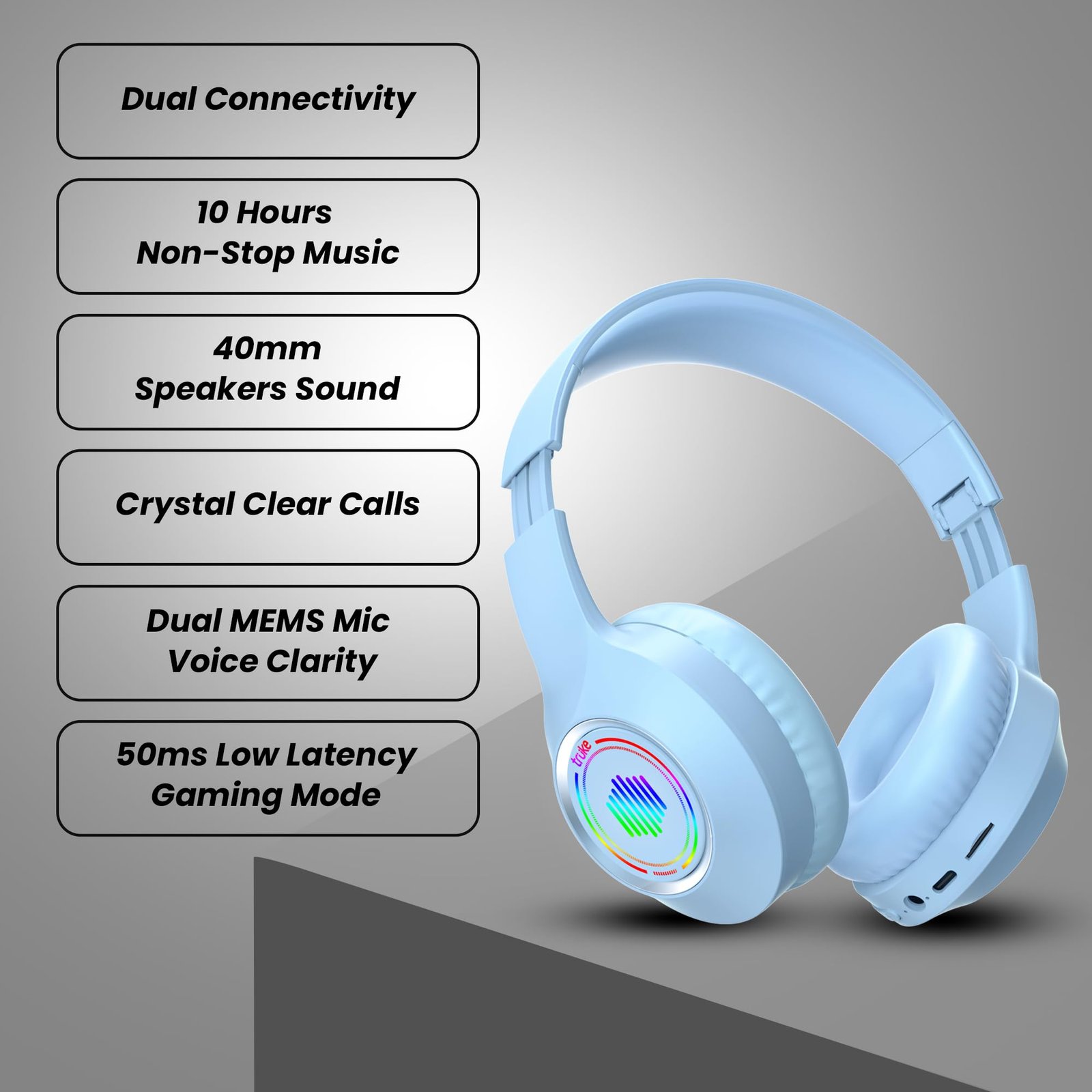 Newly Launched BTG 500 Over The Ear Gaming Headphone with 40mm Drivers, 10H of Playtime, Dual Pairing, Gaming Mode (50ms Latency) with RGB LEDs, TF Card with Volume Control, BT 5.4 (Sky Blue) - Image 2