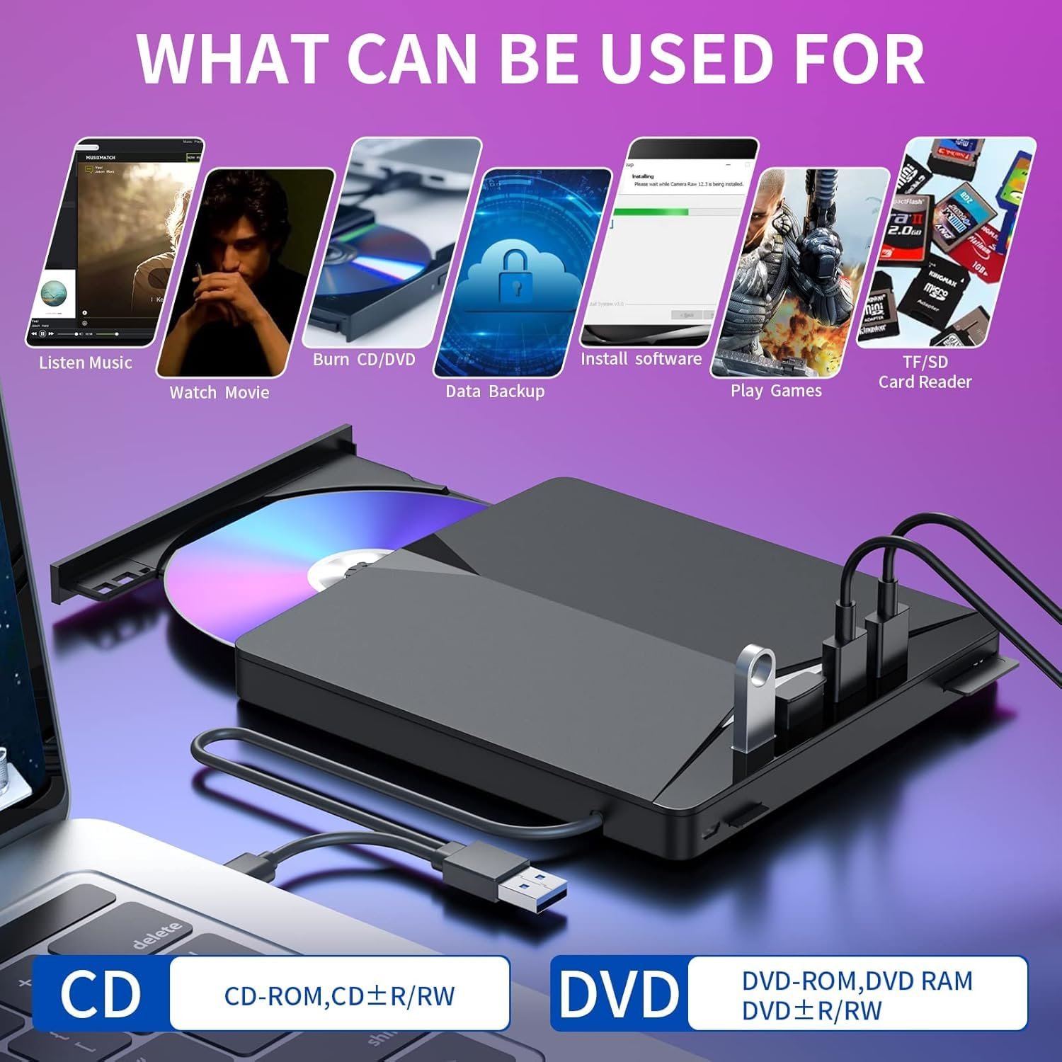 RuhZa 7 in1 External CD DVD Drive with 4 USB Ports and TF/SD Card Slots,USB 3.0 Portable CD/DVD Disk Drive Player Burner Reader Writer for Laptop MakBuk Desktop PC Windows 11/10/8/7 Linux Mak OS - Image 3
