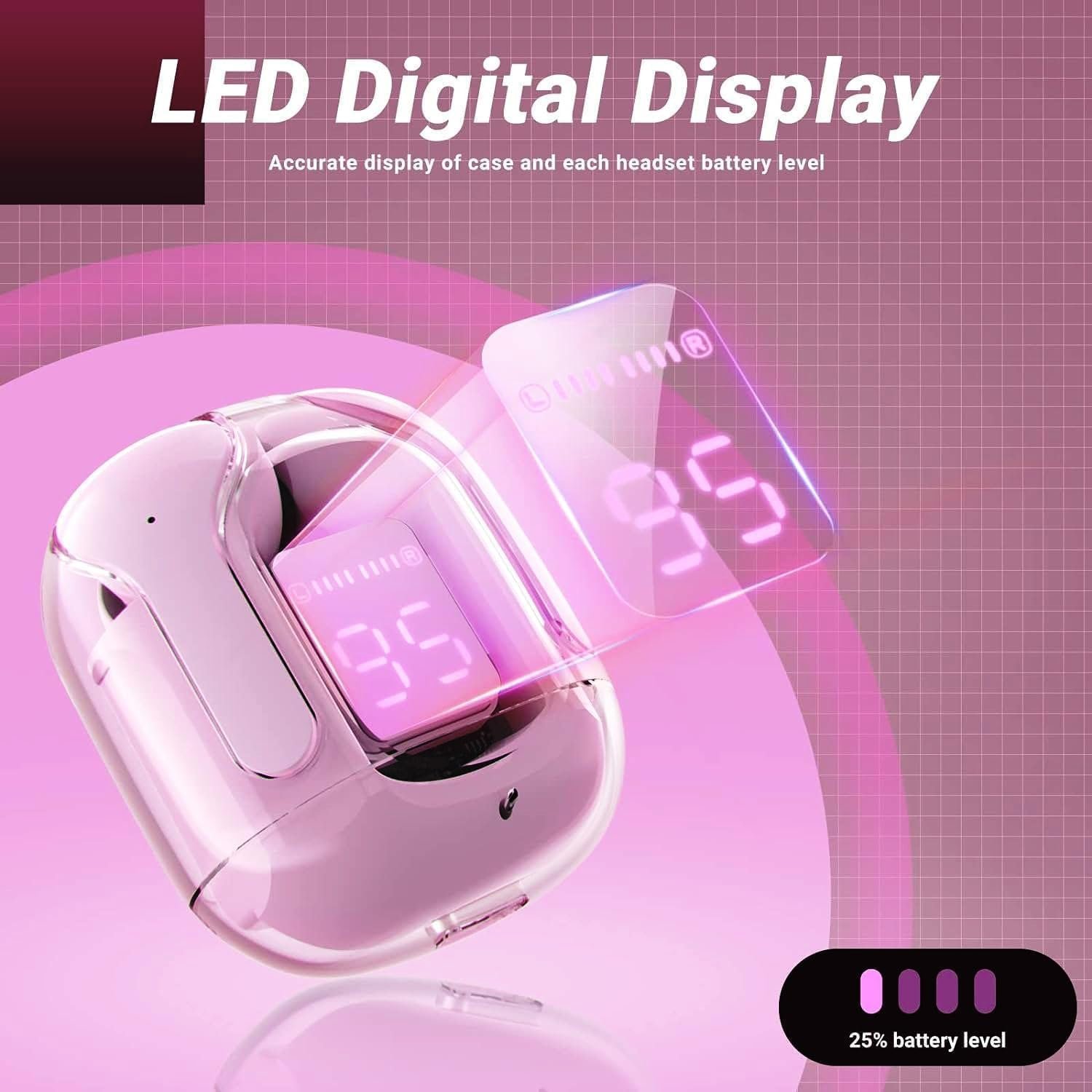 Wireless Ultrapods Earbuds - TWS Bluetooth 5.3 Earphones with Transparent Charging Case - LED Digital Display & Built-in Mic - Crystal Clear Aesthetic Earbuds for I Phone, Android & Gaming (Pink) - Image 3