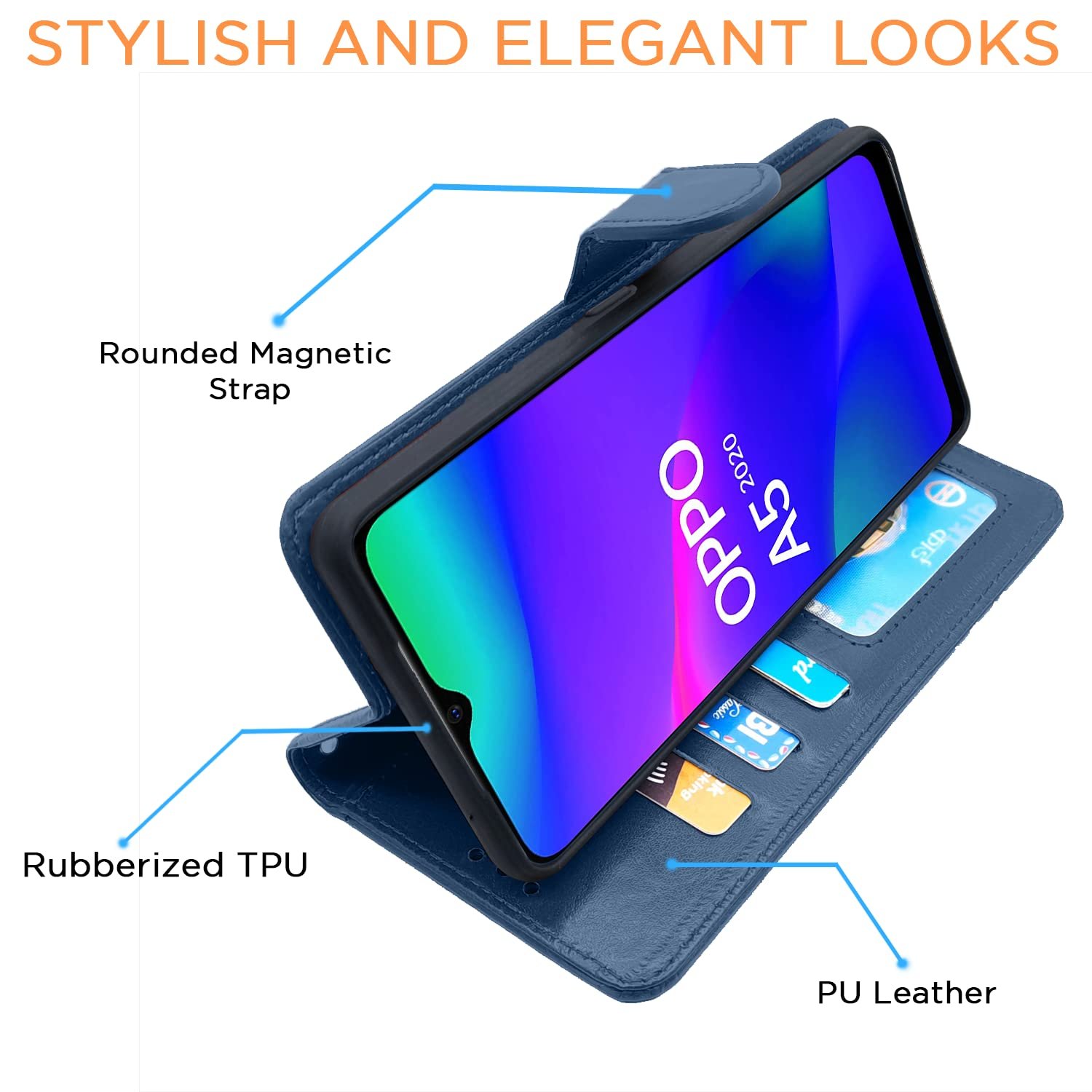 Oppo A5 2020 / A9 2020 Flip Cover Magnetic Leather Wallet Case Shockproof TPU for Oppo A5 2020 / A9 2020 (Blue) - Image 5