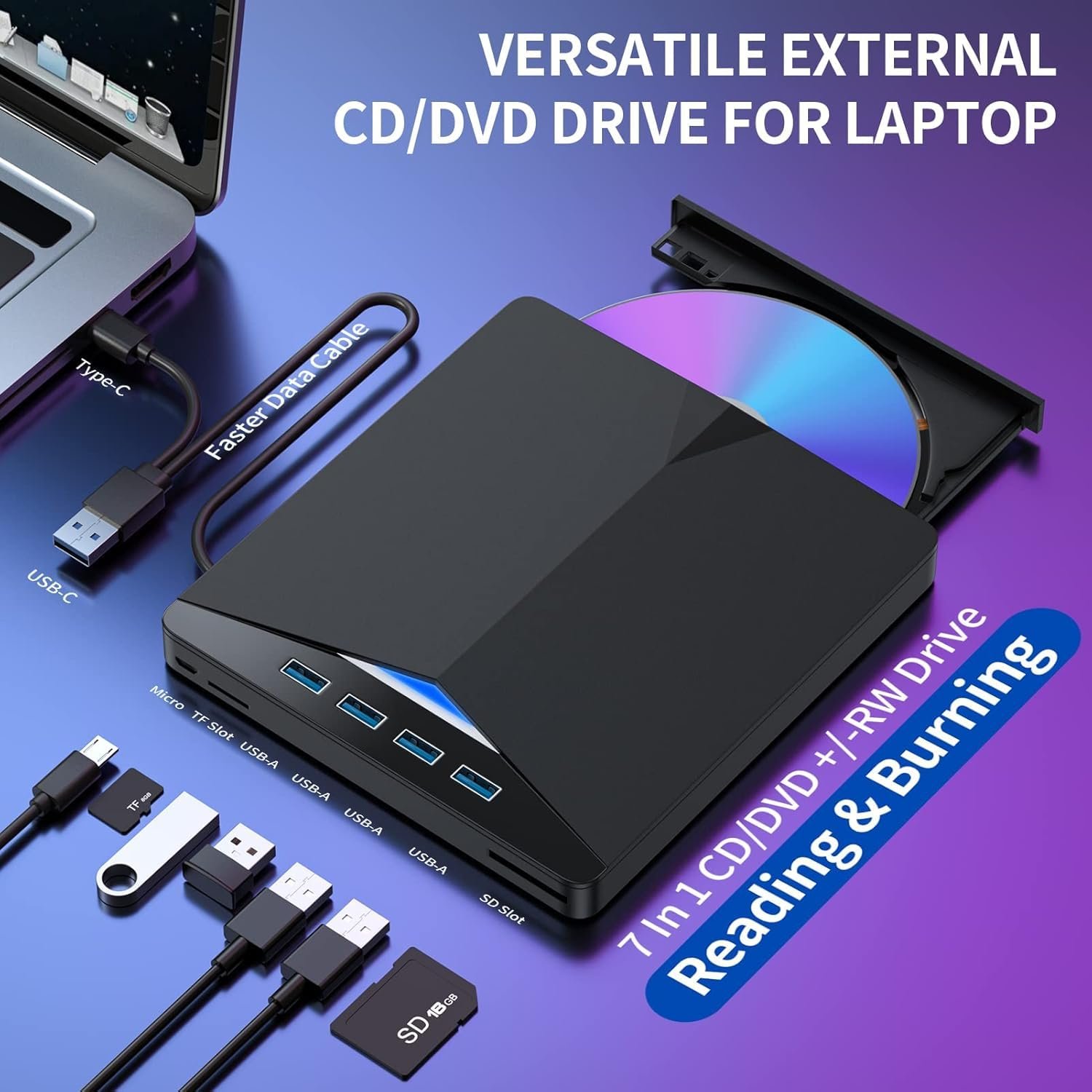 RuhZa 7 in1 External CD DVD Drive with 4 USB Ports and TF/SD Card Slots,USB 3.0 Portable CD/DVD Disk Drive Player Burner Reader Writer for Laptop MakBuk Desktop PC Windows 11/10/8/7 Linux Mak OS - Image 2