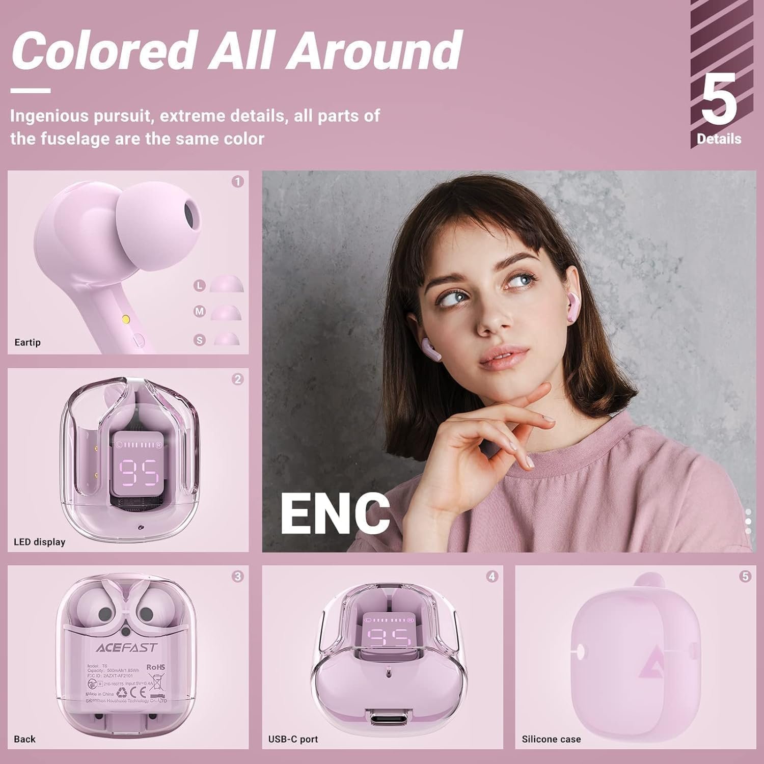 Wireless Ultrapods Earbuds - TWS Bluetooth 5.3 Earphones with Transparent Charging Case - LED Digital Display & Built-in Mic - Crystal Clear Aesthetic Earbuds for I Phone, Android & Gaming (Pink) - Image 2