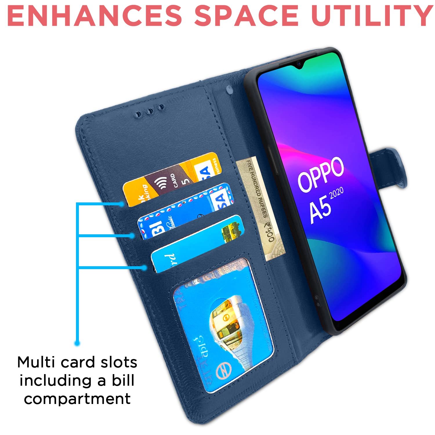 Oppo A5 2020 / A9 2020 Flip Cover Magnetic Leather Wallet Case Shockproof TPU for Oppo A5 2020 / A9 2020 (Blue) - Image 3