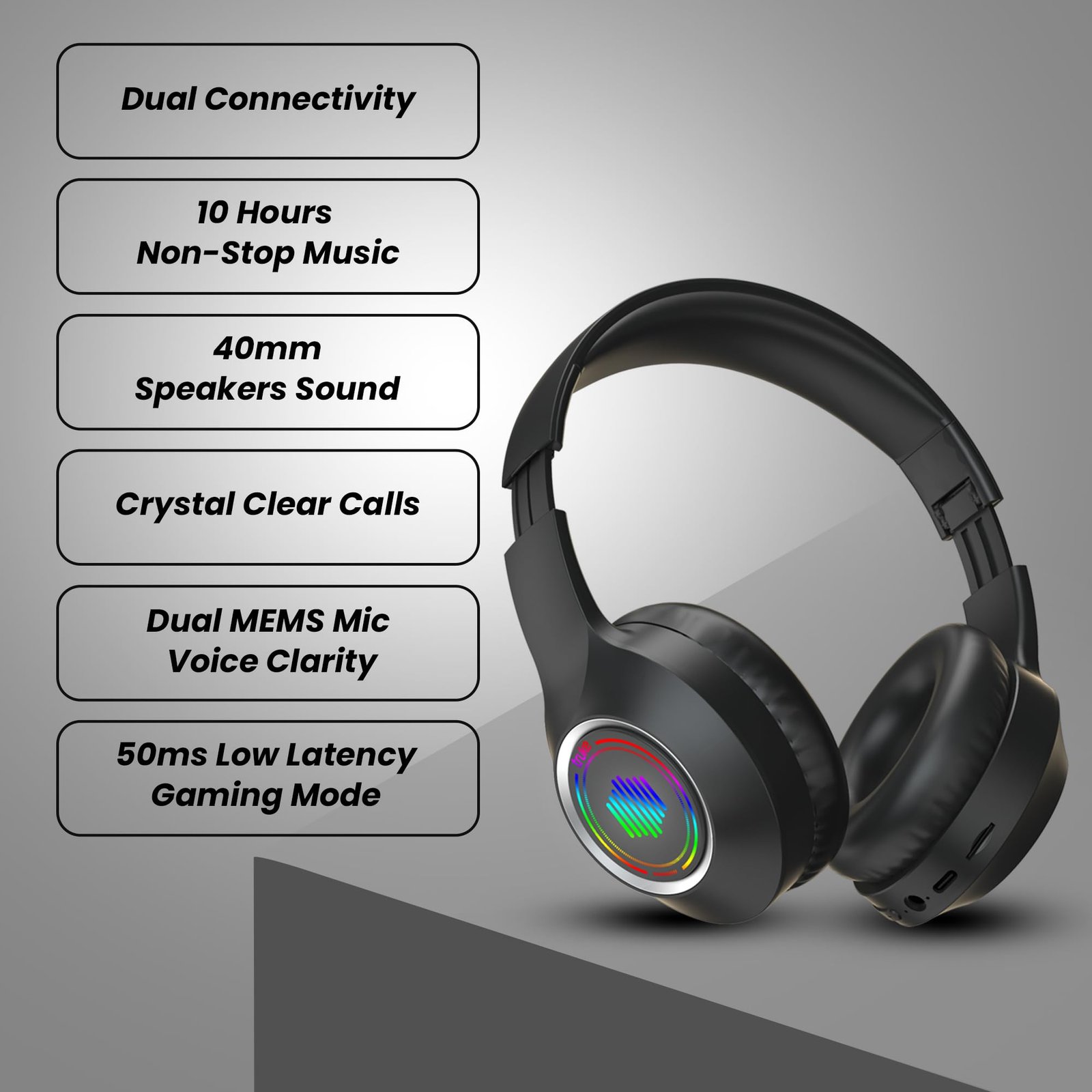 Newly Launched BTG 500 Over The Ear Gaming Headphone with 40mm Drivers, 10H of Playtime, Dual Pairing, Gaming Mode (50ms Latency) with RGB LEDs, TF Card with Volume Control, BT 5.4(Metal Black) - Image 2