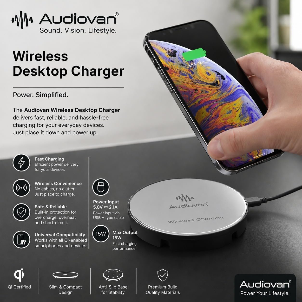 Desktop Wireless Charger, 15W Fast Wireless Charging Station Pad Compatible with iPhones and Android Phones (White)