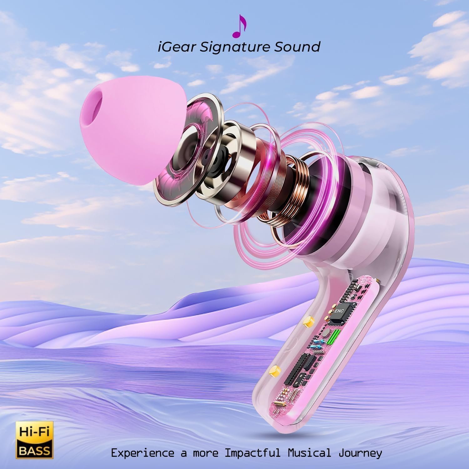 Wireless Ultrapods Earbuds - TWS Bluetooth 5.3 Earphones with Transparent Charging Case - LED Digital Display & Built-in Mic - Crystal Clear Aesthetic Earbuds for I Phone, Android & Gaming (Pink)