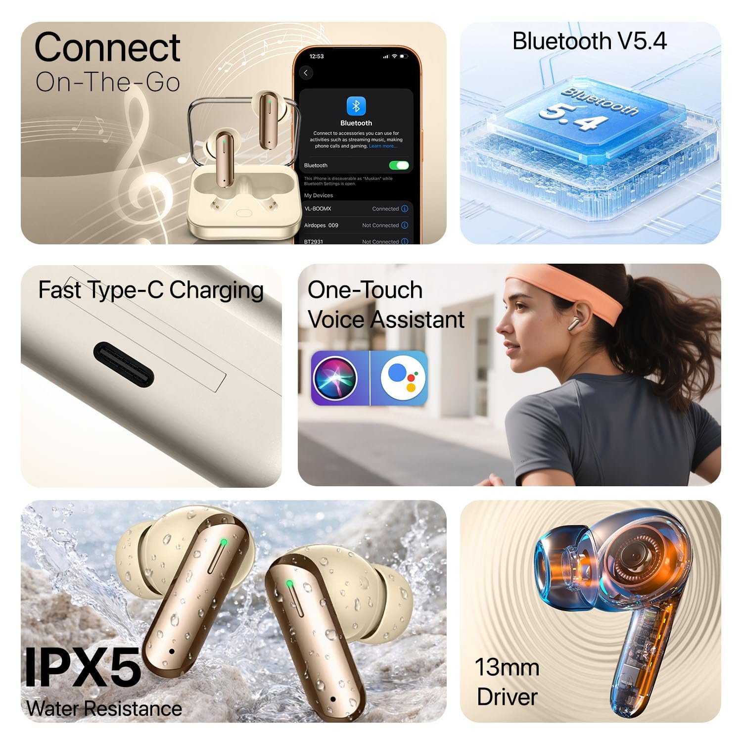 ® BOOMX Wireless Earbuds Bluetooth 5.4 TWS Headphones 60H Playback Bass Stereo 13mm Drivers Gaming Low Latency HD Calls Touch Control Fast Charging IPX Waterproof- White - Image 5