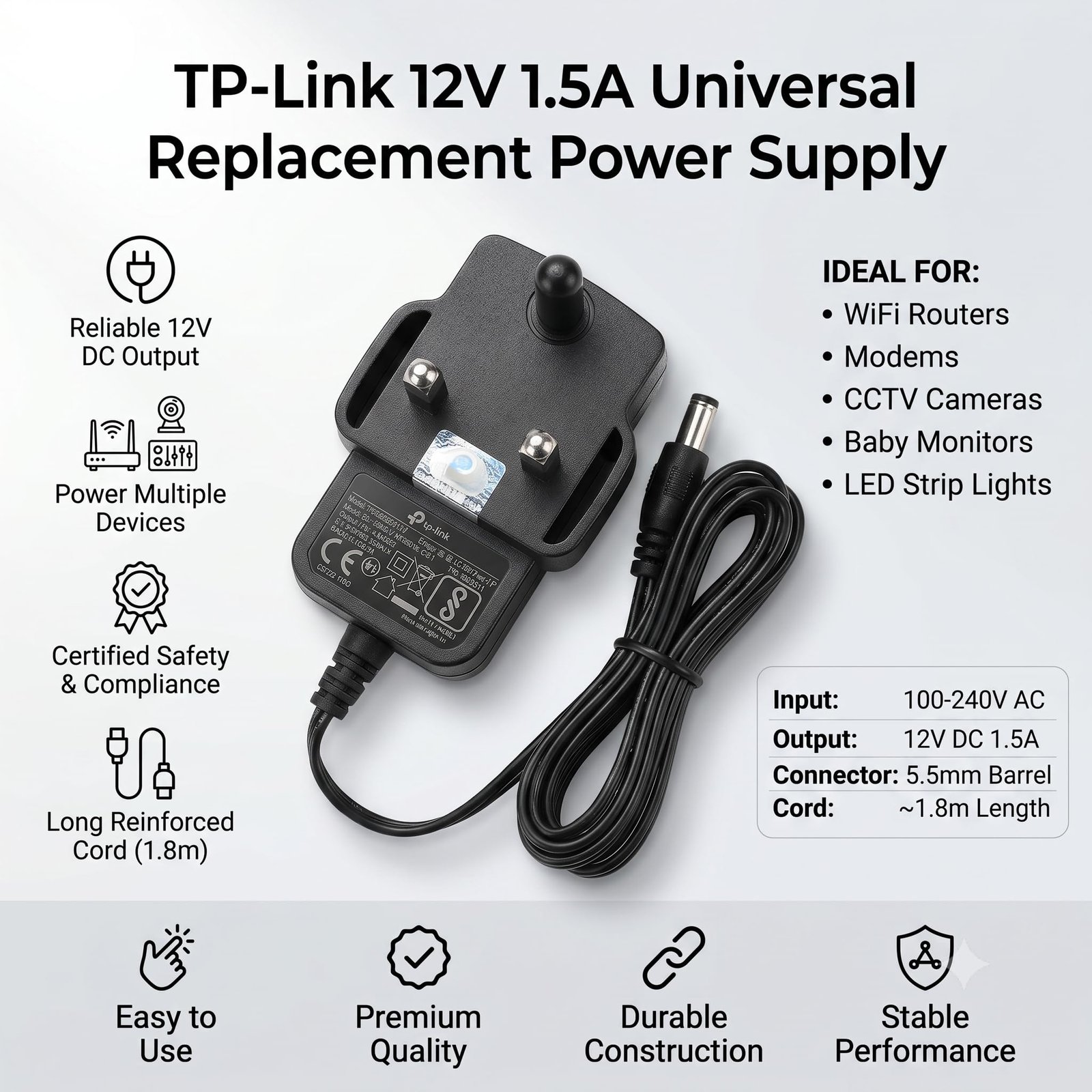 9V 0.85A AC DC Power Adapter Charger with DC Pin | Input 100-240V AC | Suitable for WiFi Routers, Modems, Broadband Switches, CCTV Cameras, Baby Monitors, LED Strip Lights & More - Image 2
