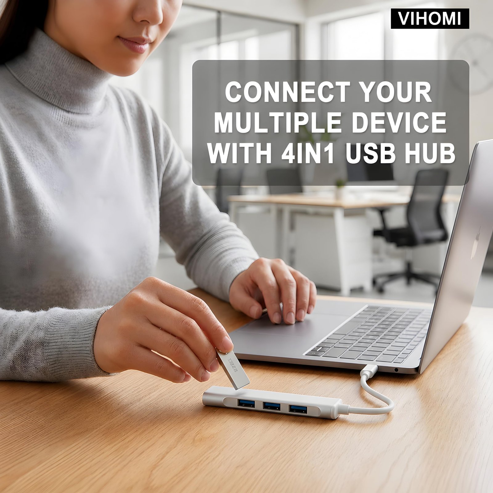 4 in 1 Portable USB 3.0 Hub (Type-C to 4 USB-A Ports) with Aluminum Shell, USB Port Hub 3.0 for PC, Tablet, MacBook, Laptop - Silver - Image 4