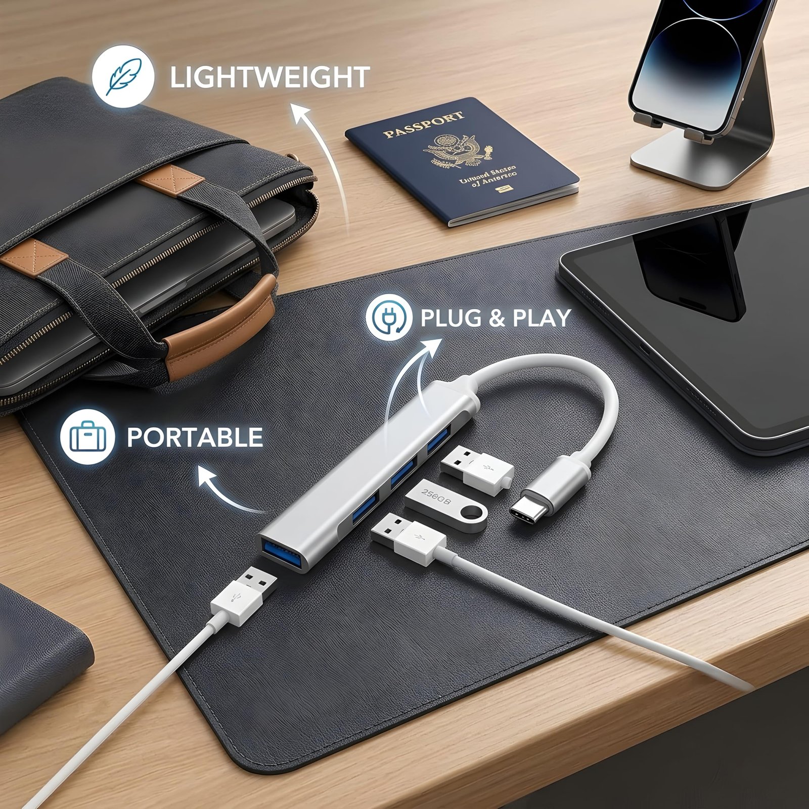 4 in 1 Portable USB 3.0 Hub (Type-C to 4 USB-A Ports) with Aluminum Shell, USB Port Hub 3.0 for PC, Tablet, MacBook, Laptop - Silver - Image 6