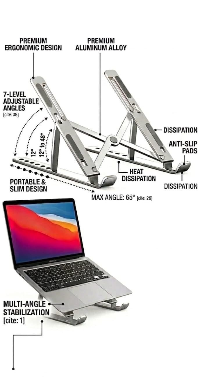 Aluminium Laptop Stand with 7 Different Adjustable Angles, Wide Compatibility, Improved Cooling and Ventilation, and Scratch Protection, Compatible for All Types of Laptop - Image 2