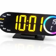 Mirror Surfaced Digital Alarm Clock with LED Display, Black Body, Temperature Monitor, 12/24 Hour Format, USB Cable, Adjustable Brightness, Day Display