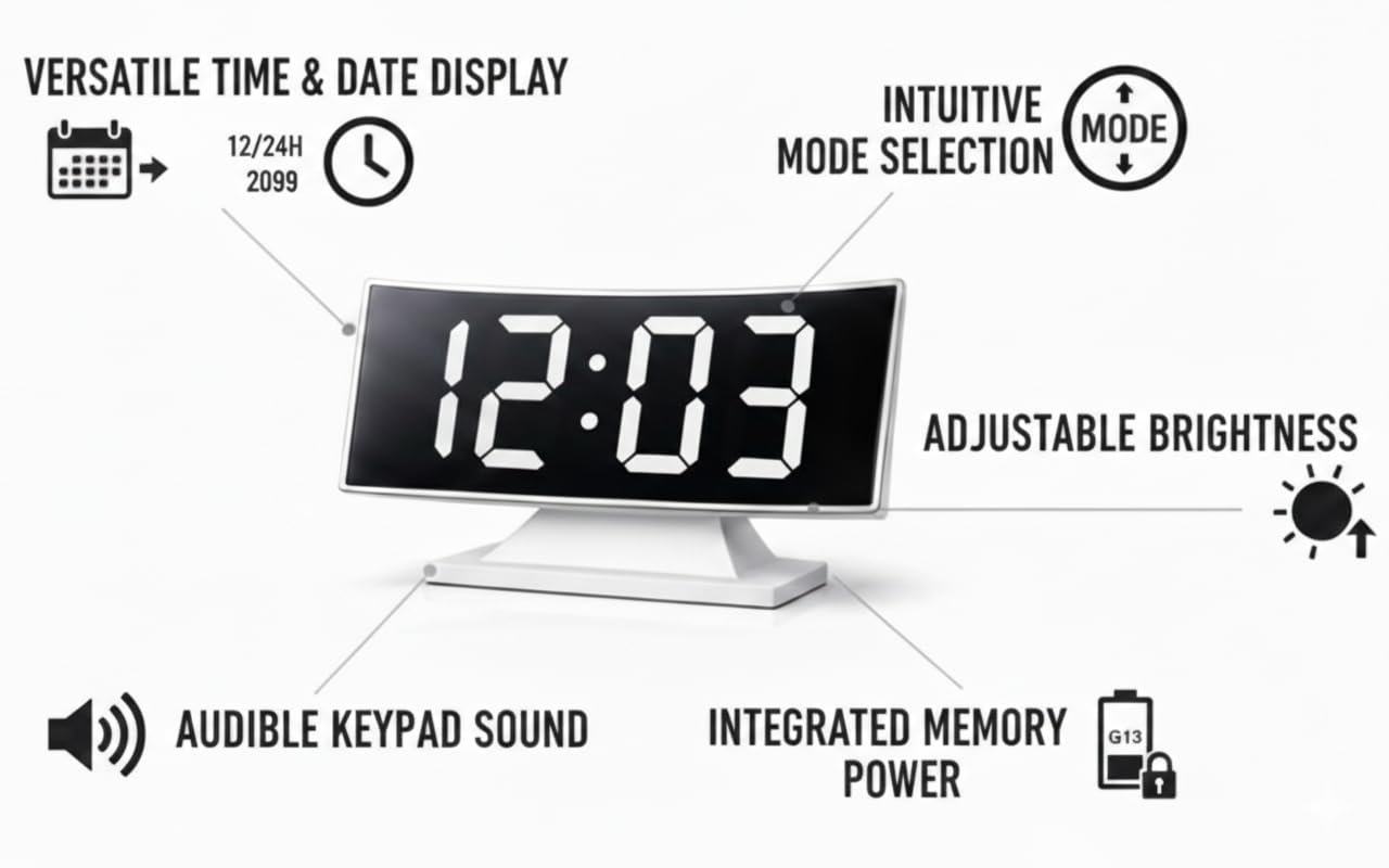 Mirror Faced Curve Screen LED Alarm Clock with Large White Display, Adjustable Brightness, Automatic Night Mode, 12/24H Time Format, Temperature Display, Snooze Function, Memory Power - Image 3