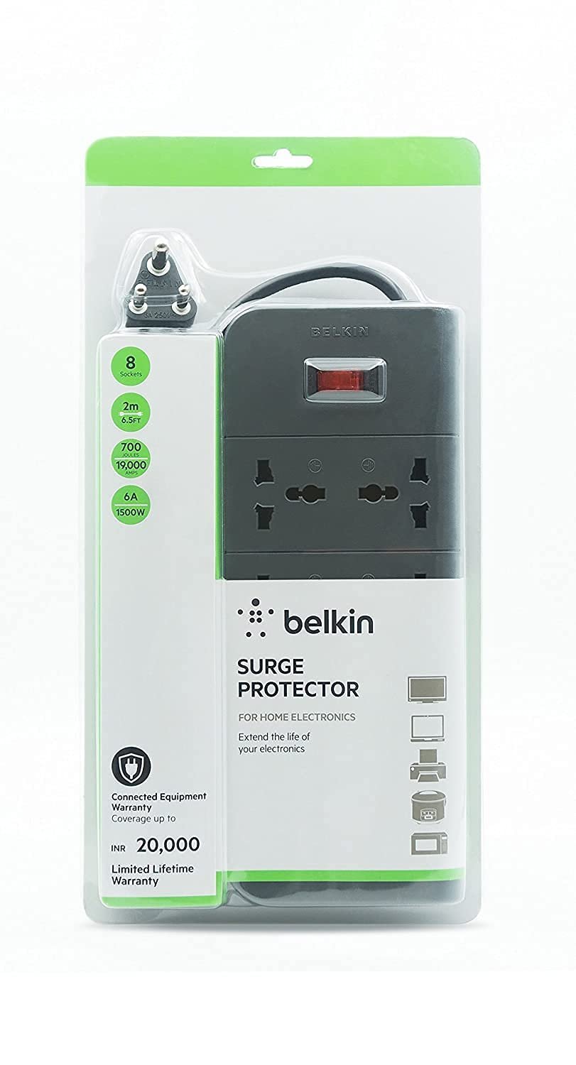 8-Socket Extension Board with Surge Protector Universal Socket with 6.5Ft (2-Meter) Heavy Duty Cable Overload Protection, Comes with 5 Years Manufacturer Warranty, Grey Color, 220 Volts - Image 2