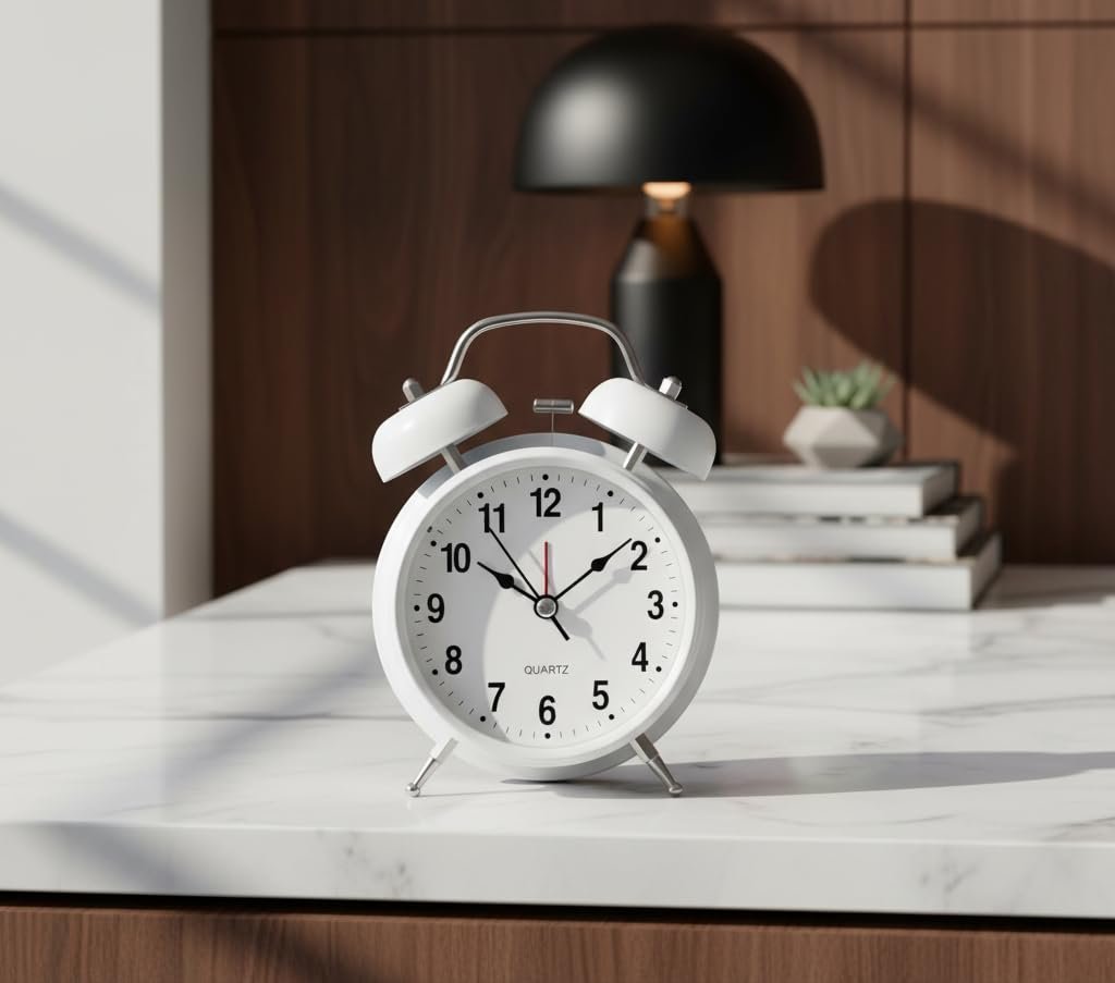 Vintage Twin Bell Alarm Clock with Night Light Loud Alarm Silent Non Ticking Quartz Movement Battery Operated Retro Desk Table Clock for Bedroom Home Office (Midnight White)