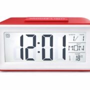 Small Portable Red LCD Digital Alarm Clock with Voice Control Back-Light, Temperature Monitor, Calendar, Musical Alarm, Battery Operated for Home, Office, Study Desk & Kitchen