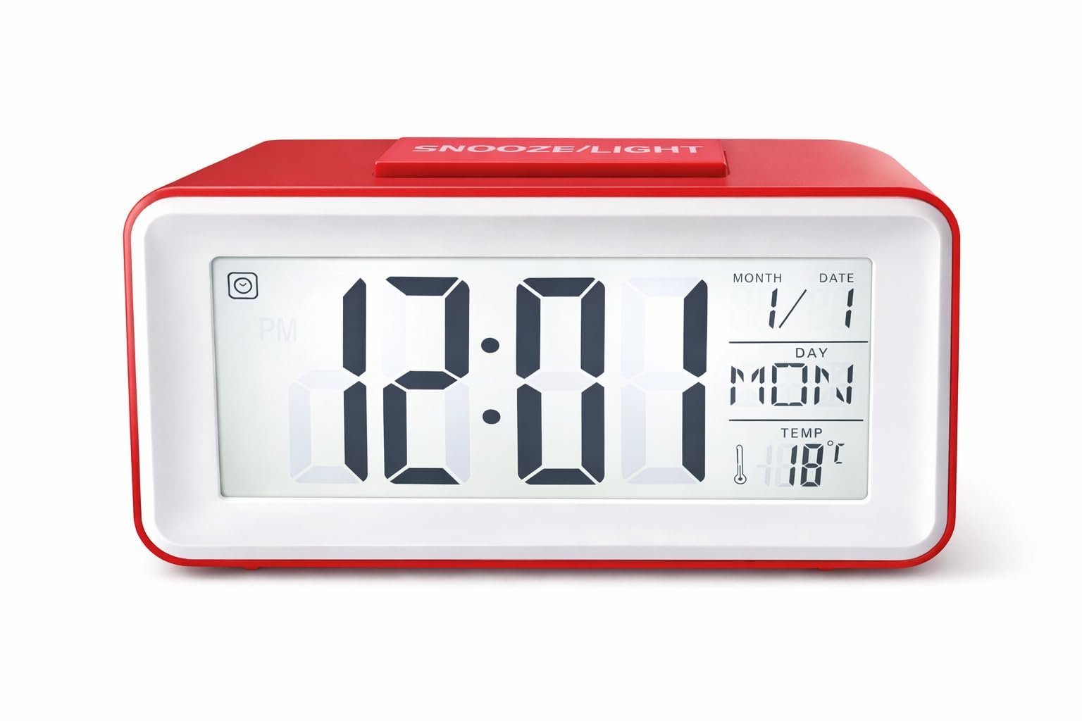 Small Portable Red LCD Digital Alarm Clock with Voice Control Back-Light, Temperature Monitor, Calendar, Musical Alarm, Battery Operated for Home, Office, Study Desk & Kitchen