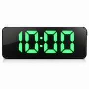Mirror Surfaced Black LED Alarm Clock with Big Green Digital Numbers, Temperature Display, USB Cable, Snooze Function, Dual Time Format for Home and Office
