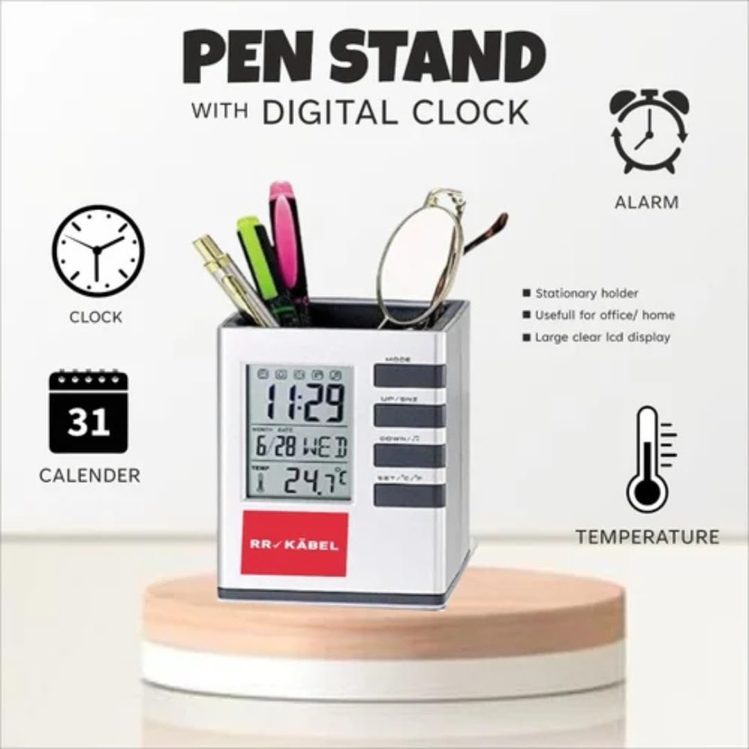 Pen Pencil Holder Stand with Digital Alarm Clock for Home Office Desk Organizer Rack, Stationary Organizers, Multifunction Square Shape Pen Holder. - Image 7