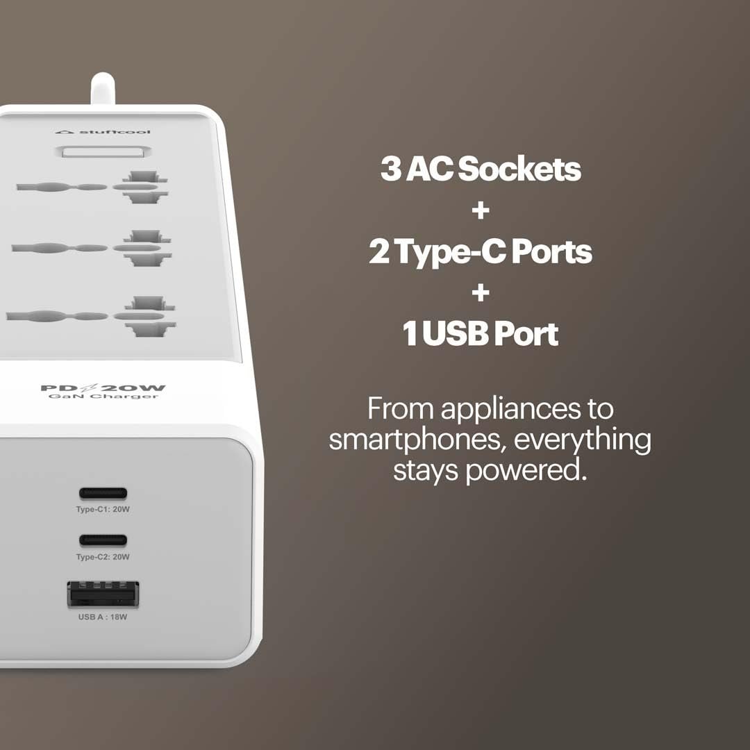 Chargestrip 20W Extension Board with Surge Protector, 3 Universal AC Sockets and 20W Type-C PD, 18W USB-A Fast Charging, Charges iPhones & Pixels up to 50% in 30 Mins, Made in India - Image 2