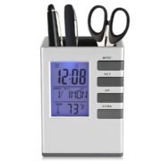 Pen Pencil Holder Stand with Digital Alarm Clock for Home Office Desk Organizer Rack, Stationary Organizers, Multifunction Square Shape Pen Holder.