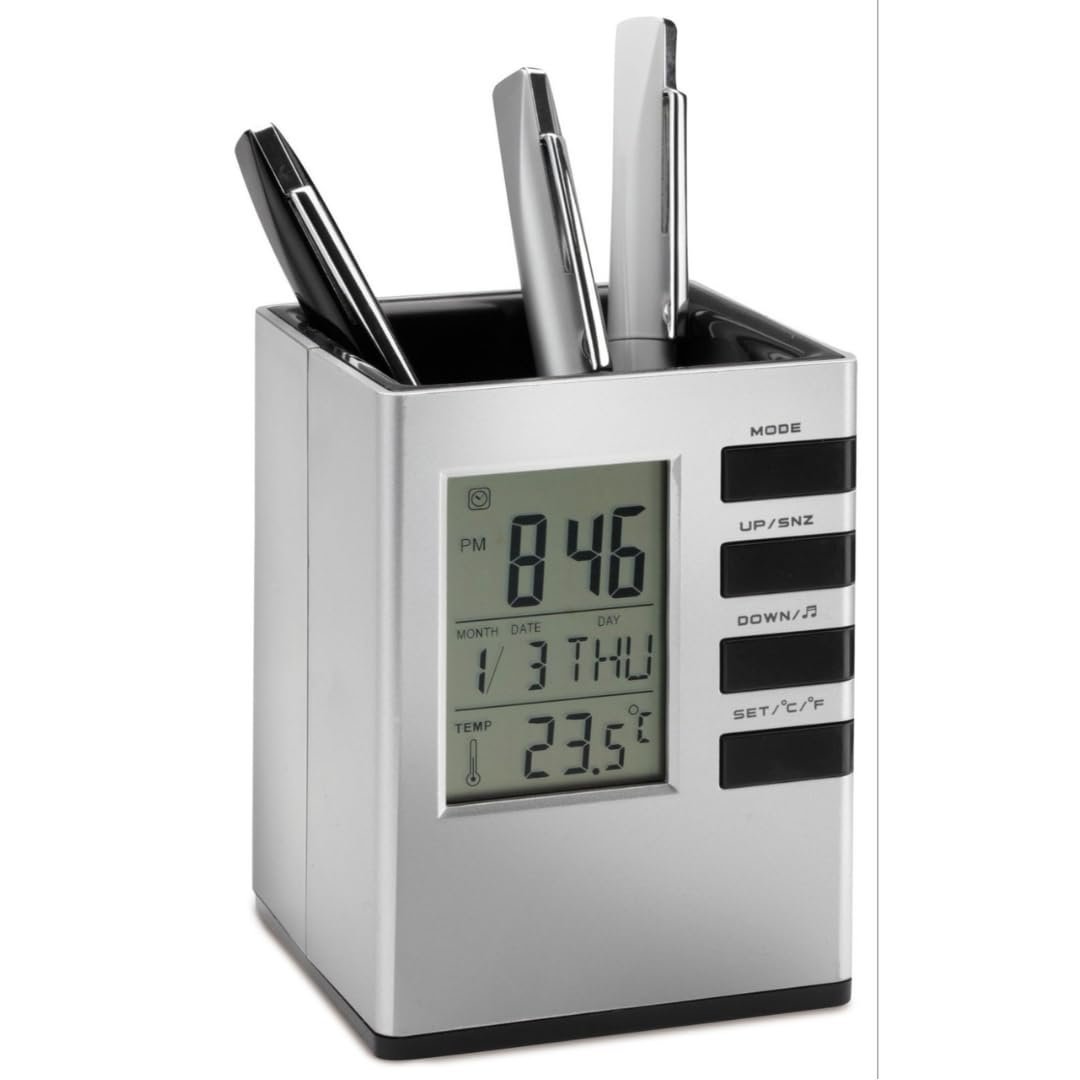 Pen Pencil Holder Stand with Digital Alarm Clock for Home Office Desk Organizer Rack, Stationary Organizers, Multifunction Square Shape Pen Holder. - Image 4