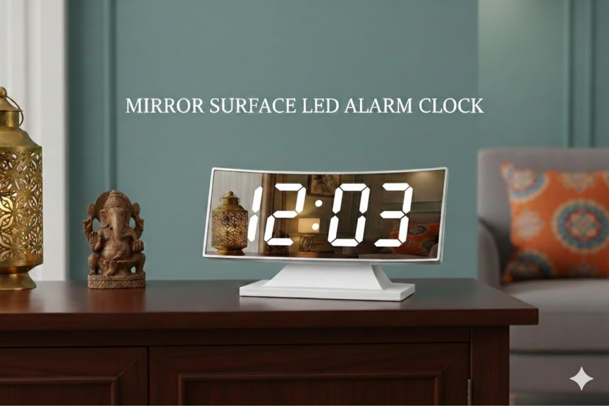 Mirror Faced Curve Screen LED Alarm Clock with Large White Display, Adjustable Brightness, Automatic Night Mode, 12/24H Time Format, Temperature Display, Snooze Function, Memory Power - Image 4