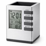 Silver Cube Digital Pen Stand Desk Organizer with Clock, Silver and Black Pen Holder with Temperature Display, Calendar, Alarm, Countdown Timer for Office and Home