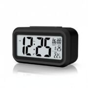 BS Global Digital Alarm Clock – Large LCD Display with Smart Backlight, Indoor Temperature, Date & Calendar, Battery Operated Portable Desktop Clock for Bedroom, Travel, and Office (Black)