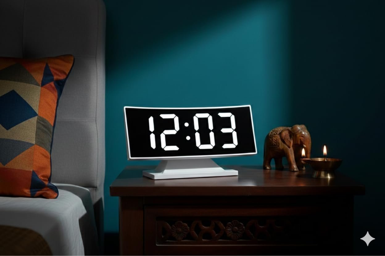 Mirror Faced Curve Screen LED Alarm Clock with Large White Display, Adjustable Brightness, Automatic Night Mode, 12/24H Time Format, Temperature Display, Snooze Function, Memory Power - Image 2