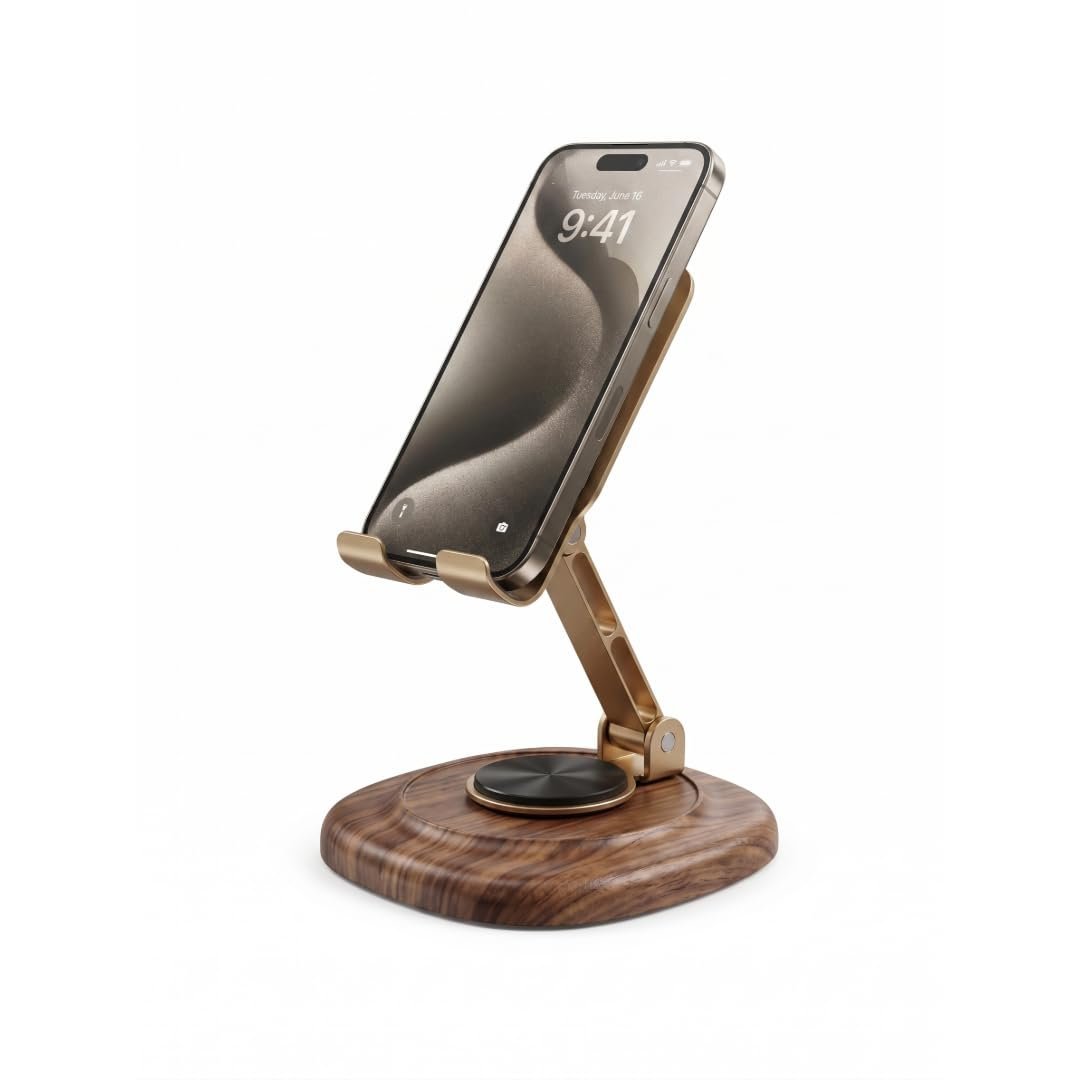 Origin State Luxury 360° Rotating Cell Phone Stand | Adjustable Walnut Wood & Aerospace-Grade Aluminum Desktop Smartphone Holder | Foldable Cradle for Smartphones & Tablets