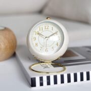 Silent Table Analog Alarm Clock No Ticking, Lighted on Demand and Battery Operated, Beep Sounds, Small Desk Clock (Cream)