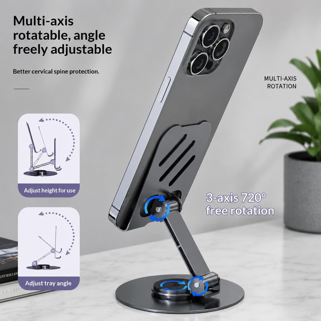 360 Degree Rotating Mobile Stand for Table Adjustable and Foldable Desk Phone Holder with Anti-Slip Base, Universal Phone Stand Compatible with All Smartphones - Image 3