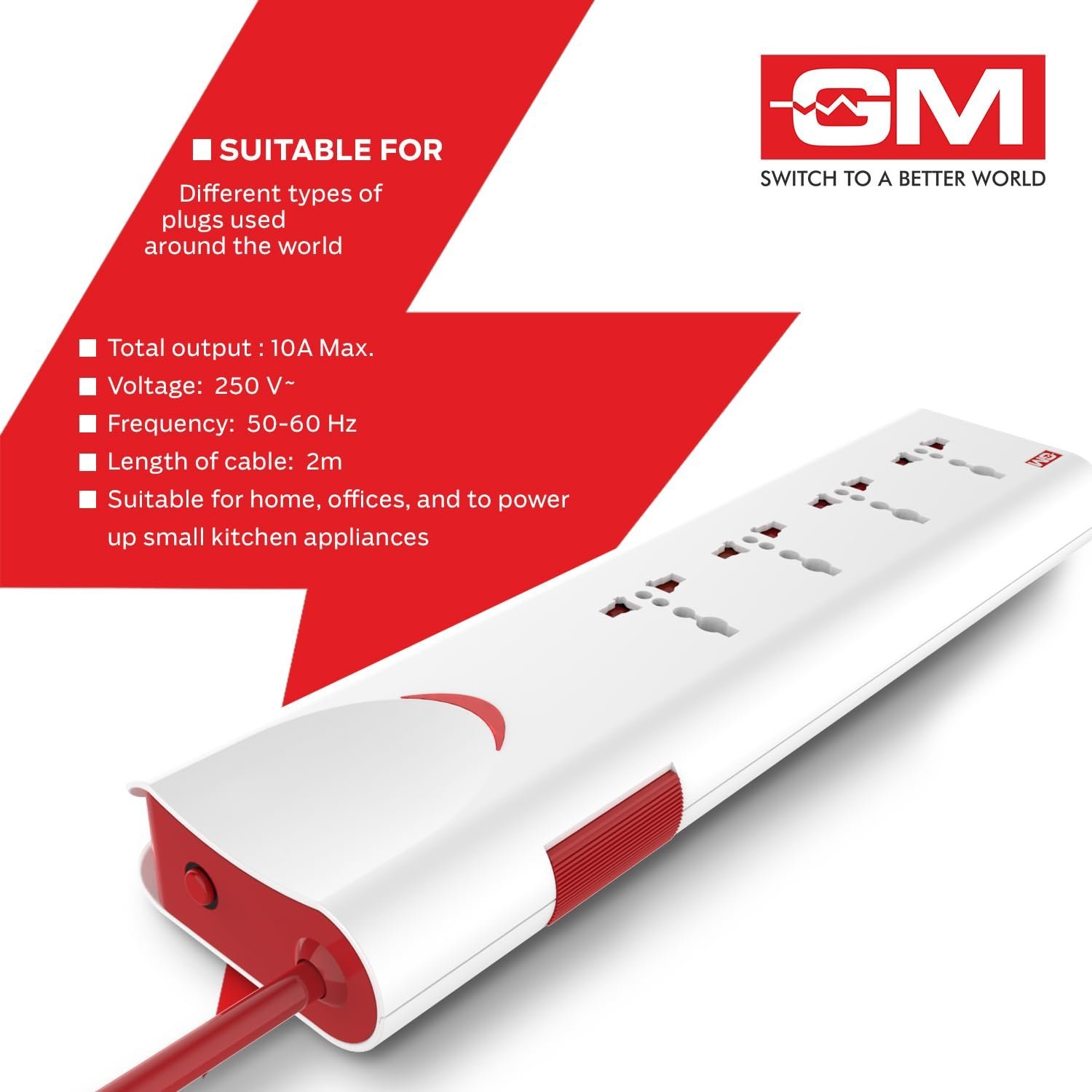 3060 Extension Board 10Amp Output 250 Volts with 2 Mtr Extension Cord & Surge Protector | Master Switch, Safety Shutter, 4 International Sockets | Multi Plug Travel Adapter for Home Appliances - Image 6