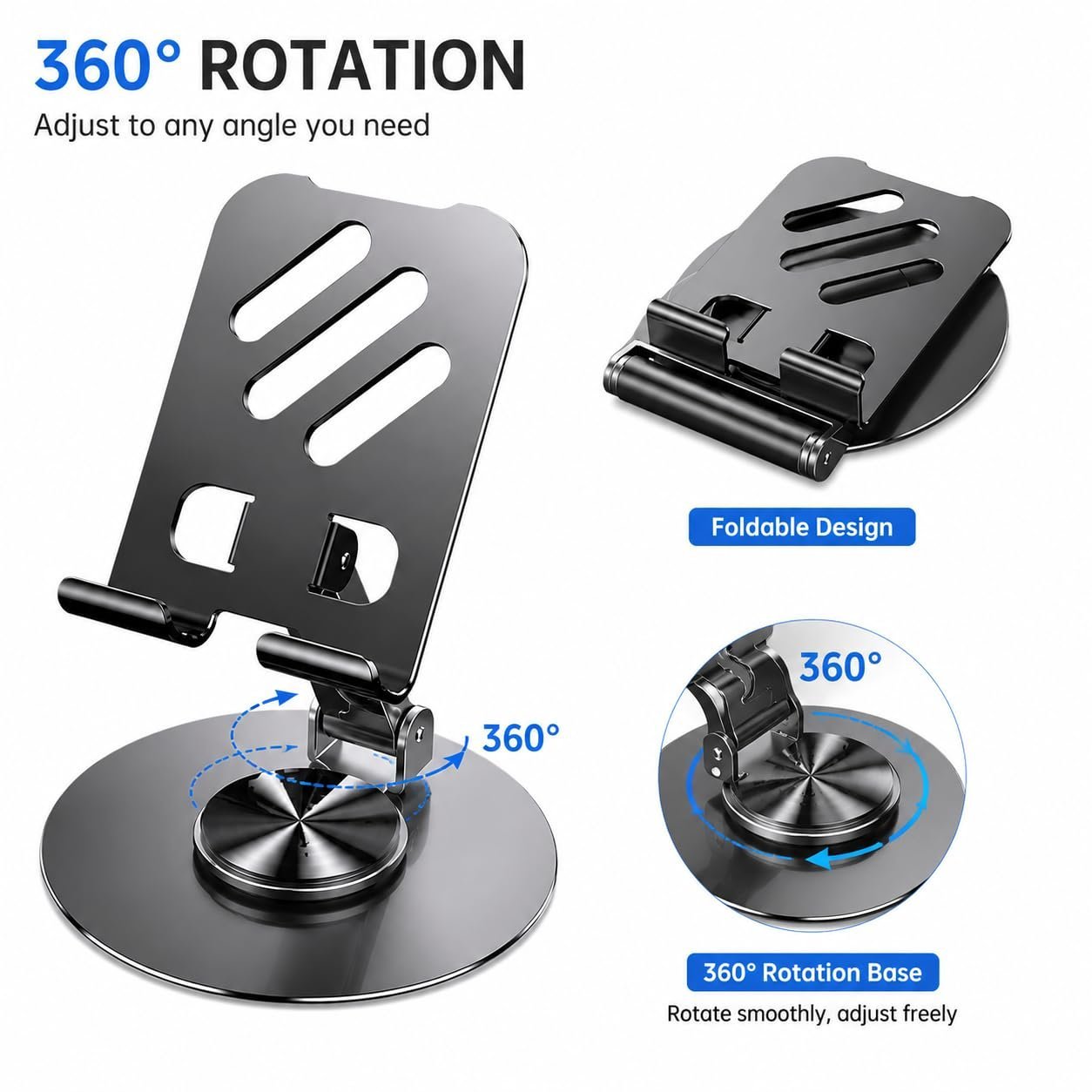 360 Degree Rotating Mobile Stand for Table Adjustable and Foldable Desk Phone Holder with Anti-Slip Base, Universal Phone Stand Compatible with All Smartphones - Image 5