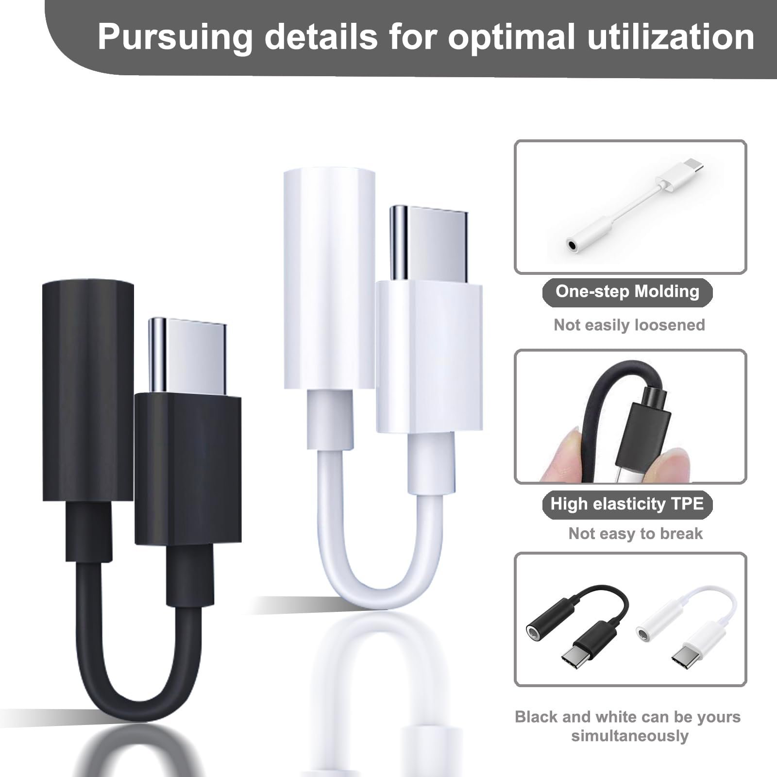 2 Pack USB C to 3.5mm Headphone Jack Adapter, Hi-Fi DAC Audio Converter with Microphone, Compatible with iPhone 15/Pro, Samsung Galaxy, iPad Pro, MacBook, Pixel, Black & White - Image 6